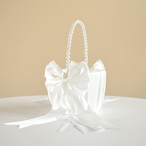 Wedding Flower Girl Basket with Pearl Handle - Ivory