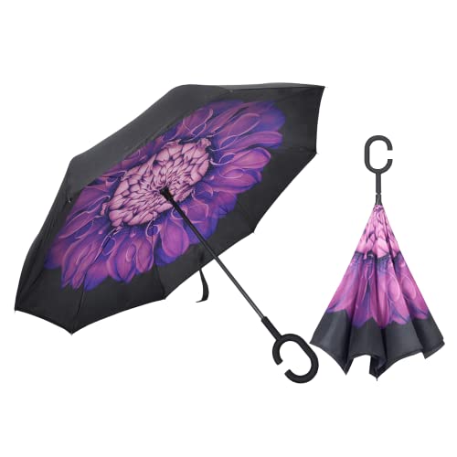 LLanxiry Inverted Reverse Umbrella with C-Shaped Handle, Purple Flower