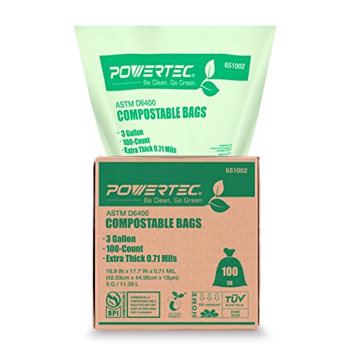 POWERTEC 100% Compostable Bags, 3 Gallon (11.35 Liter), 100 Count