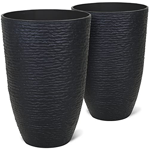 Worth Garden Tall Planters 2 Pack - 14'' Dia Resin Large Round Black Flower Pots