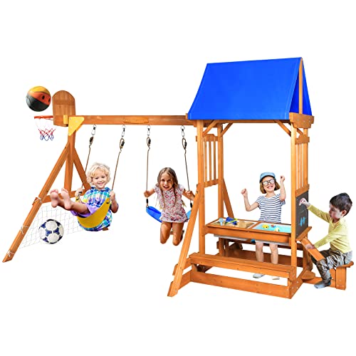 SuniBoxi 6-in-1 Wooden Swing Set for Small Yards and Kids Toddlers Age 3-6