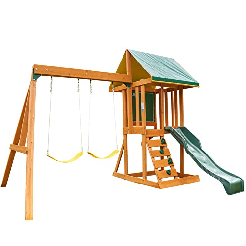 Colorful Wooden Swing Set/Playset with Swings, Slide, Rock Wall, and More