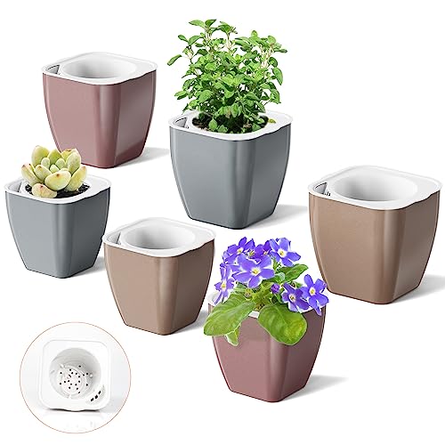 HEMOPLT Indoor Plant Pots - Self Watering Planters - Pack of 6