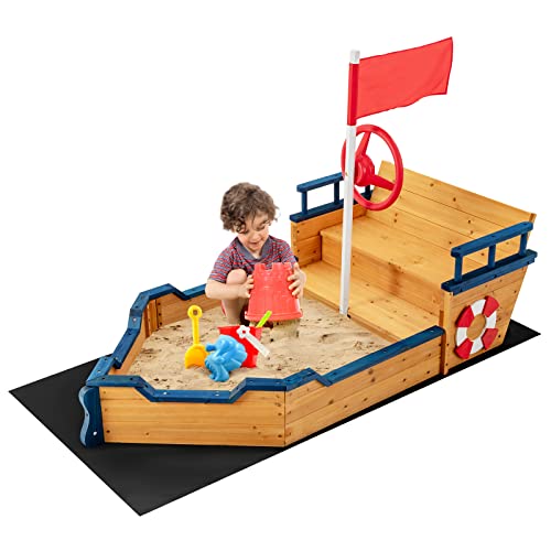 Costzon Pirate Boat Wood Sandbox for Kids