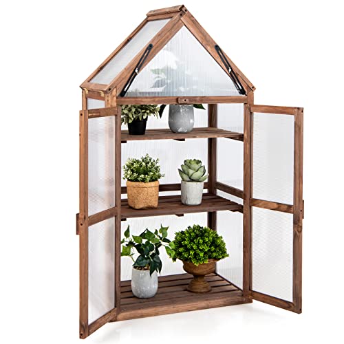 Happygrill Mini Wooden Greenhouse with Raised Flower Planter Shelf