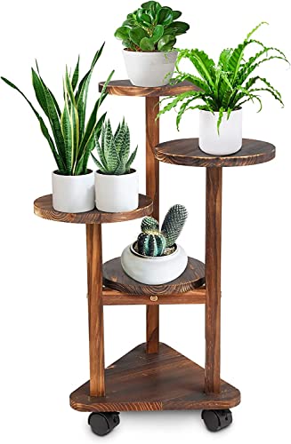 Bamboo Movable Flower Stand with Wheels