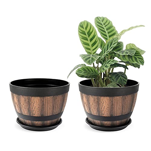 9 Inch Plant Pots with Drainage Holes & Saucer, 2 Pack