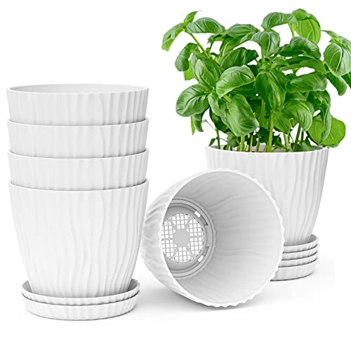 Whonline 7 Inch White Plastic Plant Pots with Drainage Holes and Saucers, Pack of 6
