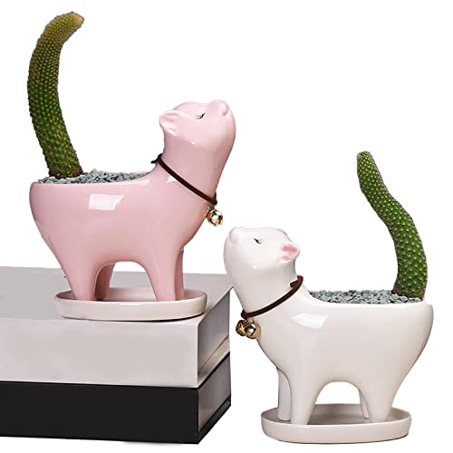 Cat Planter Ceramic Plant Pots - White and Pink Decorative Flower Pot