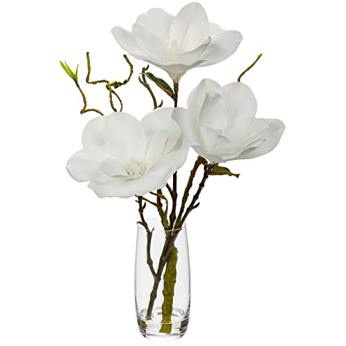 White Magnolias Artificial Flowers in Glass Vase with Faux Water