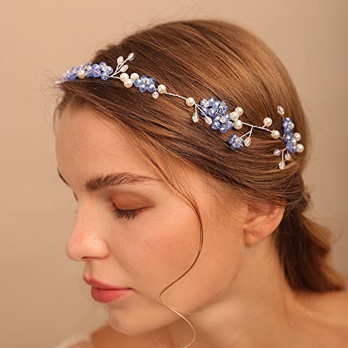 Jumwrit Blue Flower Rhinestone Wedding Headband with Pearls