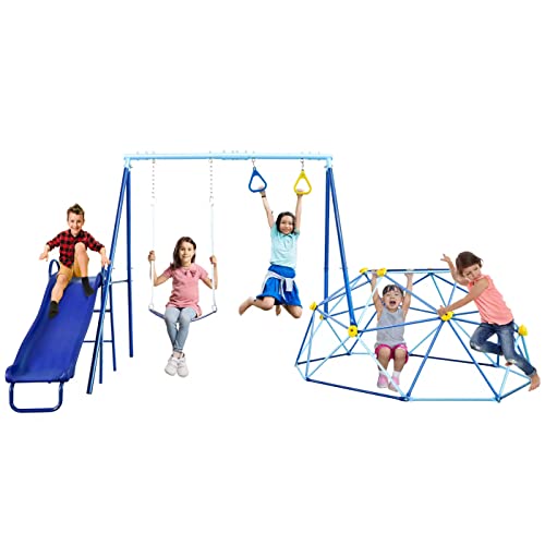 SMkidsport 4 in 1 Metal Swing Set with Slide and Dome Climber