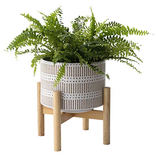 Ceramic Plant Pot with Wood Stand - Boho Home Decor