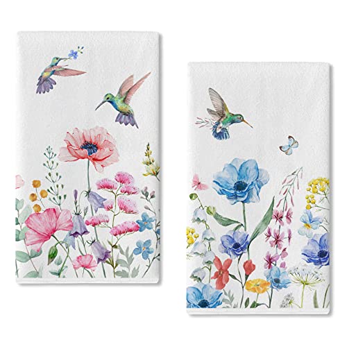 Seliem Summer Anemone Flower Hummingbird Dish Towel Set
