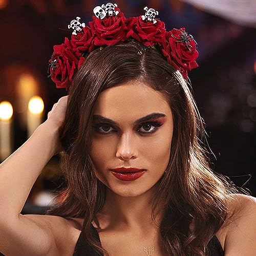 Halloween Skull Headband with Red Rose Floral Design