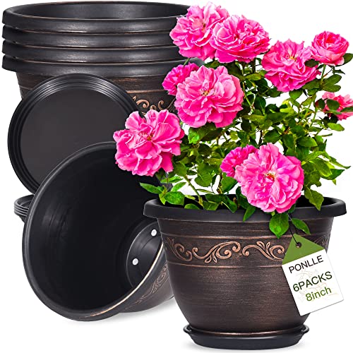 6 Packs Plastic Plant Flower Planters with Drainage Hole & Saucer