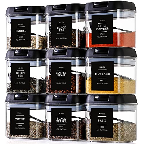 9-Piece Large Plastic Tea Spice Containers with Labels and Spoons