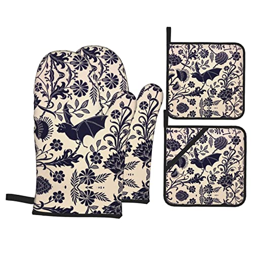Msacrh Bats and Flower Oven Mitts and Pot Holders Sets of 4