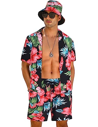 Men's Flower Shirt Hawaiian Sets Casual Button Down Short Sleeve Shirt Suits with Beach Hats