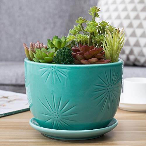 Turquoise Ceramic Indoor Plant Pot with Saucer
