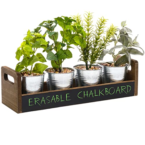 Wooden Herb Planter Tray with Metal Pots and Chalkboard