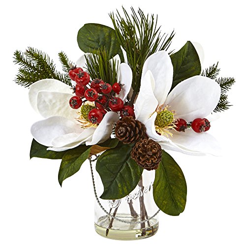 Nearly Natural Magnolia, Pine, and Berry Holiday Arrangement