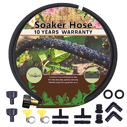 1/2’’ Garden Soaker Hose 50 Ft - Even Water Distribution, Easy Installation