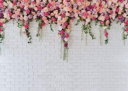 White Brick Wall Flowers Backdrop