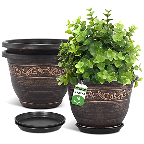 Plastic Plant Flower Planters, 3-Packs, 16 Inch with Drainage Hole & Saucer