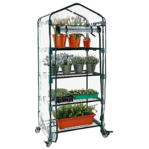 Portable 4 Tier Mini Greenhouse with Upgraded Caster Wheels