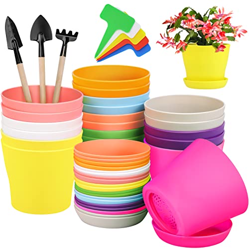 Hahood 20 Pack Plastic Planters with Trays - Colorful Flower Pot Set