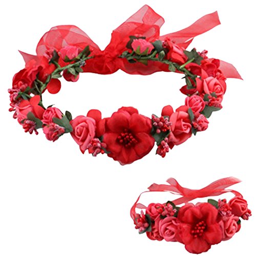 Love Sweety Rose Flower Crown Wreath Wedding Headband Wrist Band Set (Red)
