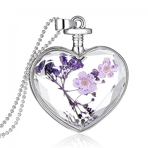 Purple Flower Necklace Heart Pendant for Women