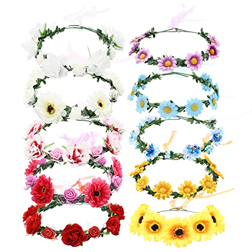 10 Pack Boho Flower Crowns with Ribbon Halo Headbands