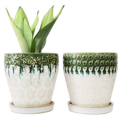 6 Inch Ceramic Planter Pots with Drainage Holes, Set of 2 (Green+White)