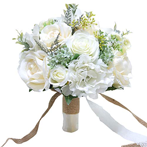 Real-Looking Mixed Flowers Ivory Greenery Bridal Wedding Bouquet