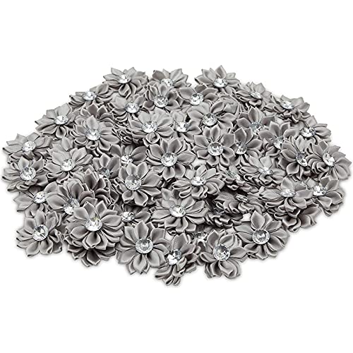 Grey Satin Fabric Flowers for Crafts with Rhinestones
