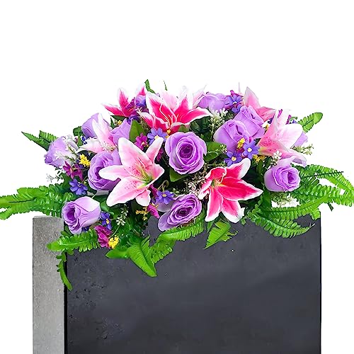 Realistic Artificial Purple Roses and Pink Lily for Grave Decoration