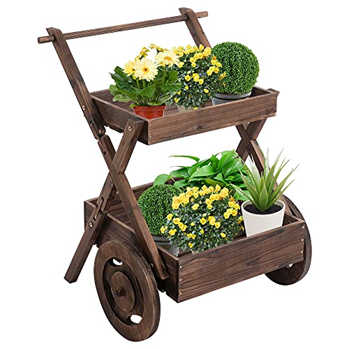 Outsunny Wooden Flower Cart Stand with Wheels