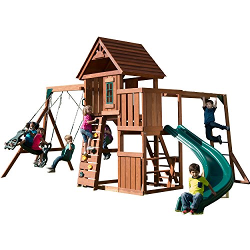 Cedar Brook Play Set with Two Swings, Slide, Monkey Bars, Picnic Table & Glider