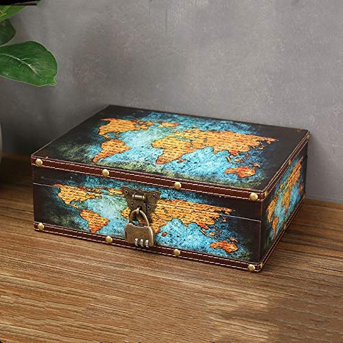 Vintage Wood Treasure Chest Keepsake Jewelry with Map Leather Surface
