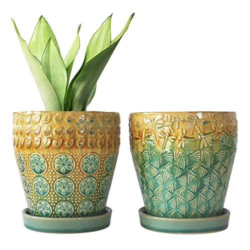 Set of 2 Ceramic Planters with Drainage Hole and Saucer