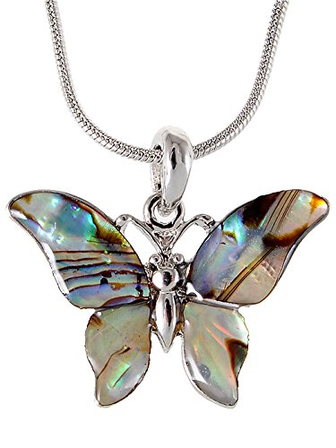Abalone Colored Stone Butterfly Pendant Necklace