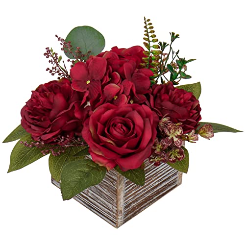 Red Artificial Flower Centerpiece in Wooden Vase