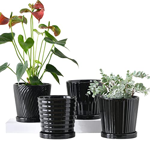 Ton Sin Black 6 Inch Plant Pots with Saucer (4 Pack)