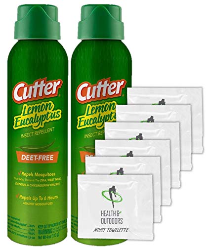 Cutter Lemon Eucalyptus Insect Repellent Aerosol Spray 4 oz (2 Pack) W/ Moist Towelettes