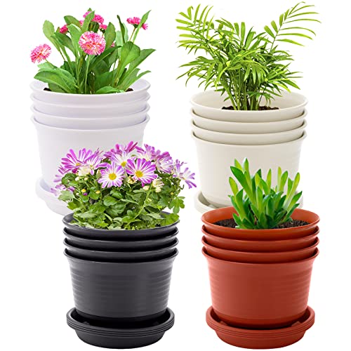 Elsjoy 6-Inch Plastic Planter Pots with Drainage Saucer - Set of 16