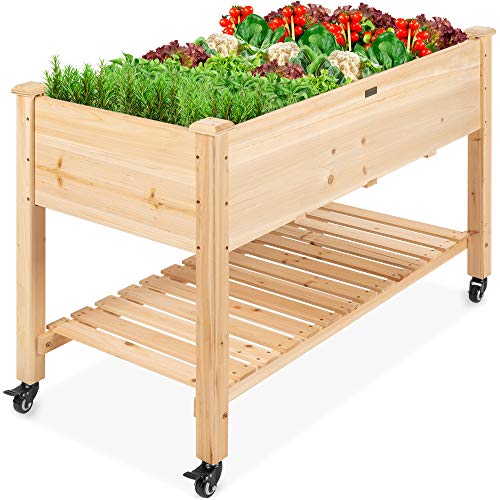 Mobile Elevated Wood Planter with Lockable Wheels