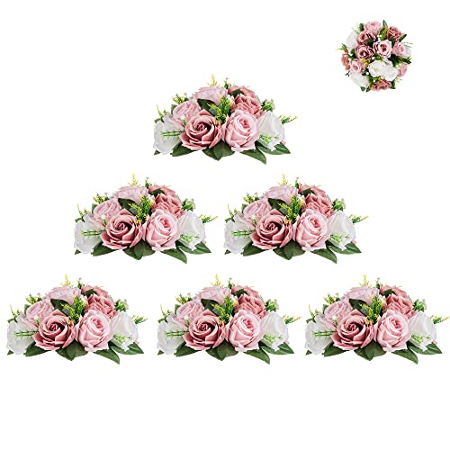 Blosmon 6 Pcs Fake Flowers Rose Arrangement Bouquet Floral Centerpiece Balls