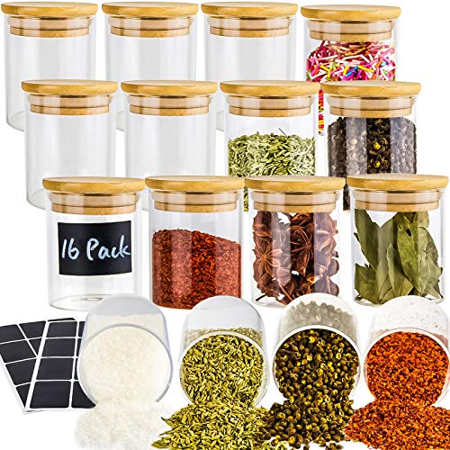 16 Pack Glass Jars with Lids - Cute and Practical Containers for Storing Spices, Beans, Candy, and More